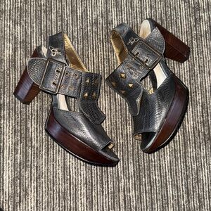 John Fluevog Black Textured Leather Studded Platform Heels